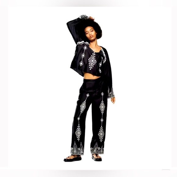 Zara Satin High Waisted Embroidered Trousers - Picture 3 of 3